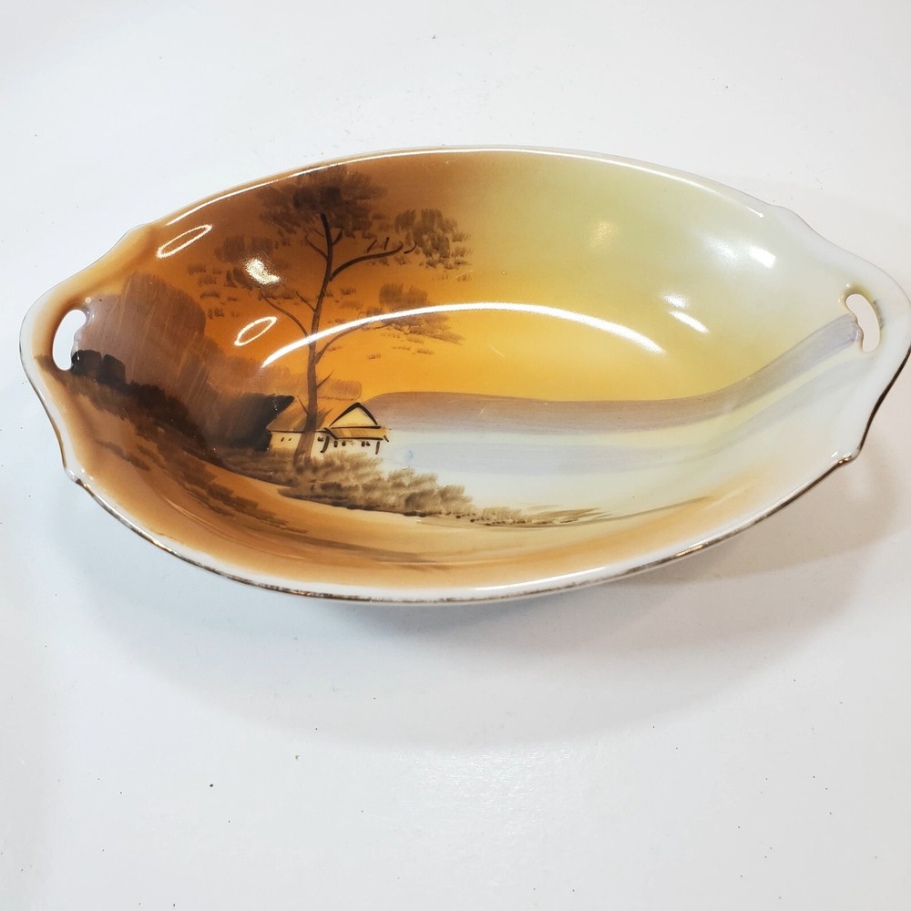 Vintage Hand Painted Nippon Decorative Oval Porcelain Dish Bowl Lake House Scene